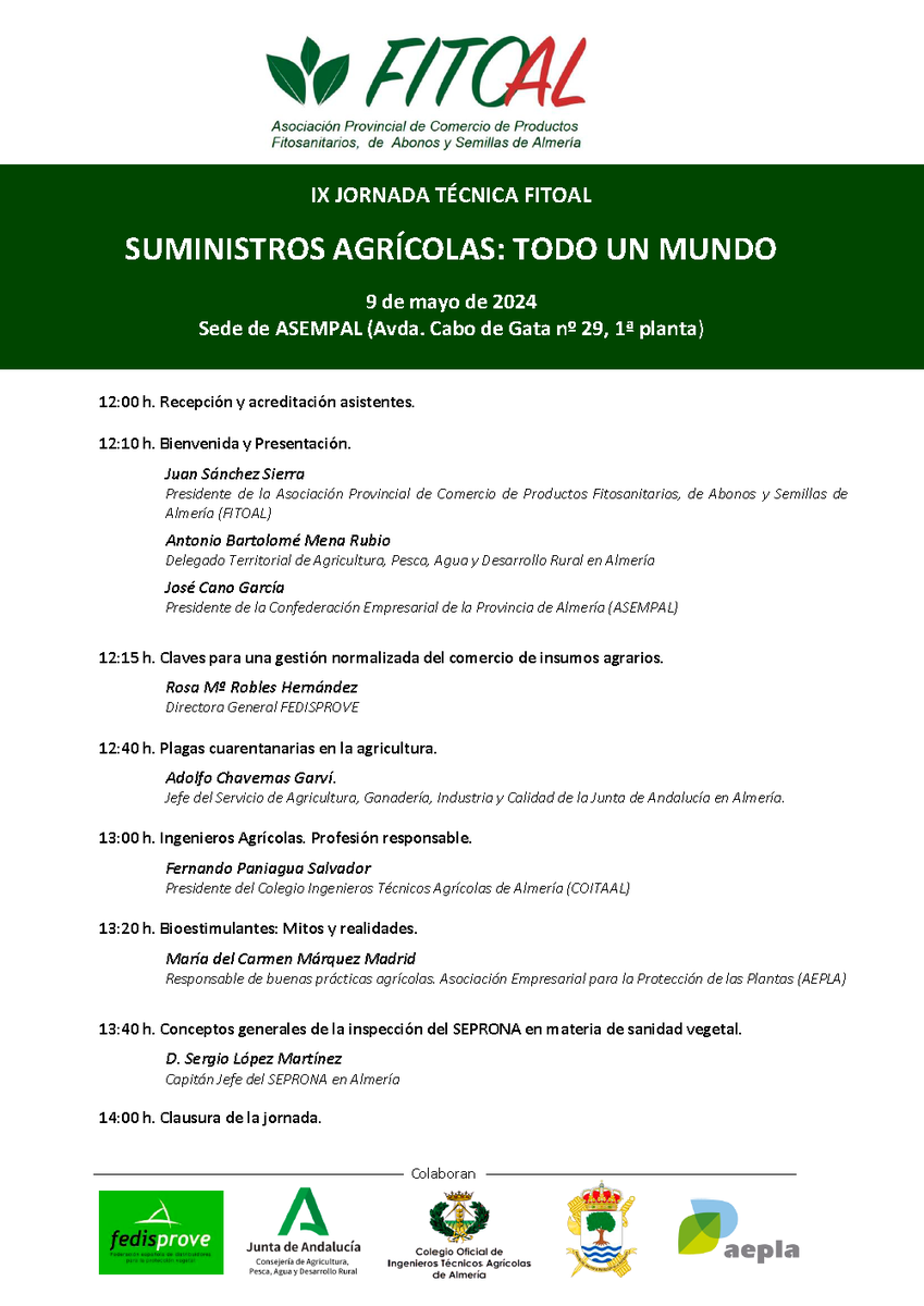 aepla_asoc's tweet photo. 🗓 El próximo jueves 9 de mayo nuestra compañera @MamenMarquez4, responsable de buenas prácticas agrícolas, participará en la IX Jornada Técnica de la Asociación Provincial de Comercio de Productos Fitosanitarios, de Abonos y Semillas de Almería (FITOAL).

En este marco, realizará la ponencia 'Bioestimulantes: Mitos y Realidades'. 🚜🌿

¡Te esperamos!