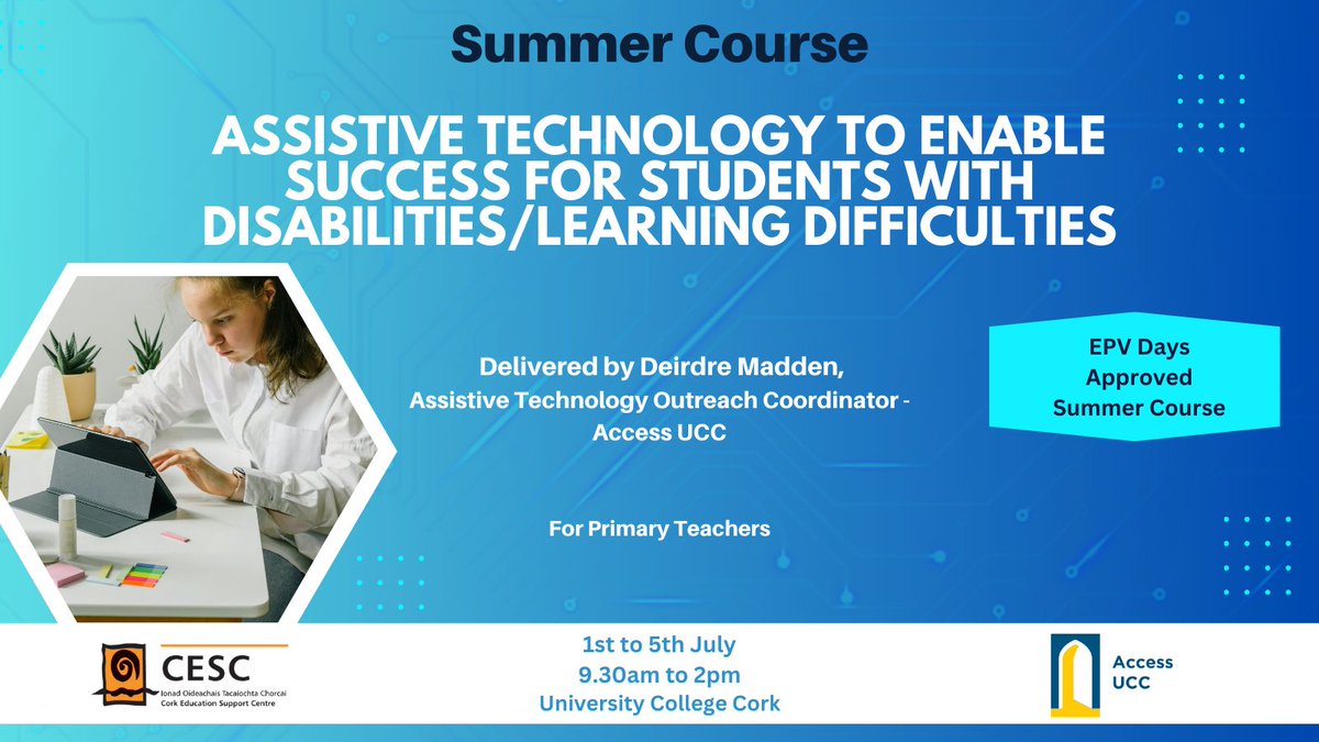 Assistive Technology -Students With Disabilities/Learning Difficulties. This course will support educators in including and enabling students with disabilities/learning difficulties through the use of assistive technology and accessible learning materials. cesc.ie/cpd-courses/su…