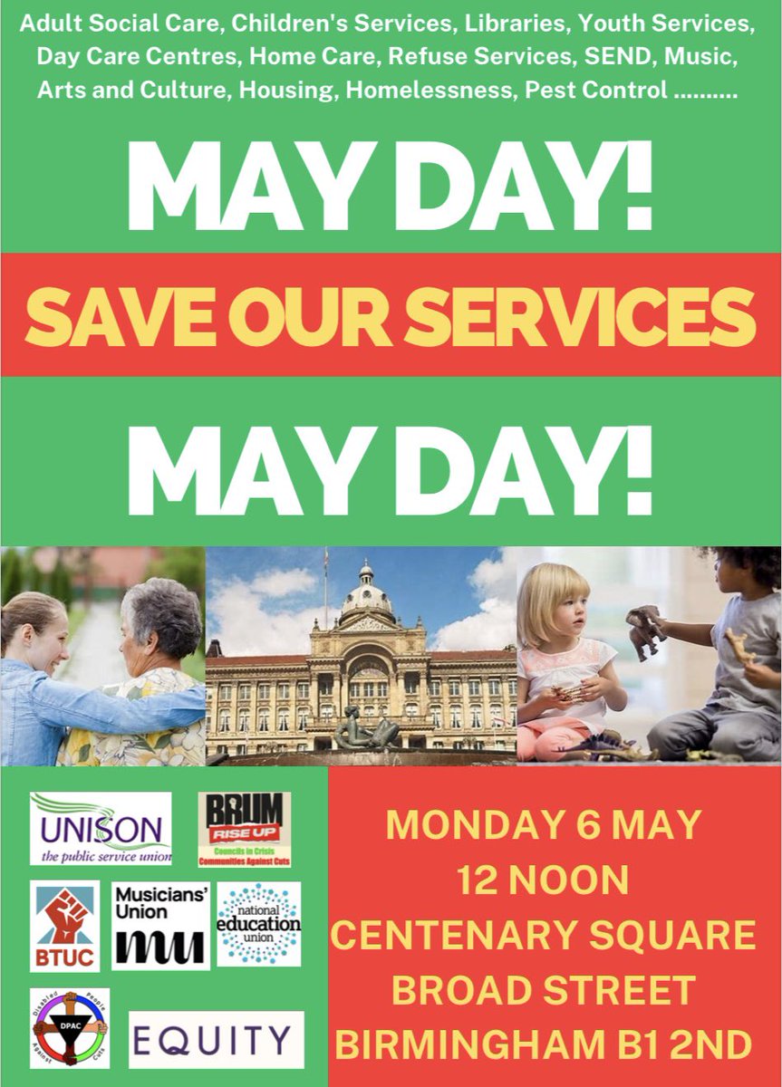 #MayDayMayDay Huge #demonstration against #BirminghamCouncilCuts to services and arts & culture. Monday 6th May 12 Noon Centenary Square #Birmingham #BrumRiseUp