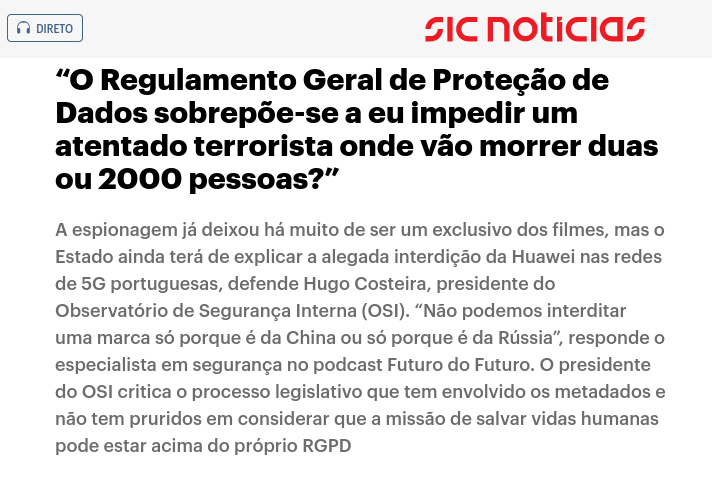 Que o presidente do Observatório de Segurança Interna diga disparates sobre o RGPD, pronto, já é esperado.

Que esses disparates façam título na @SICNoticias sem qualquer verificação editorial, já é mais preocupante.
1/2
sicnoticias.pt/podcasts/o-fut…