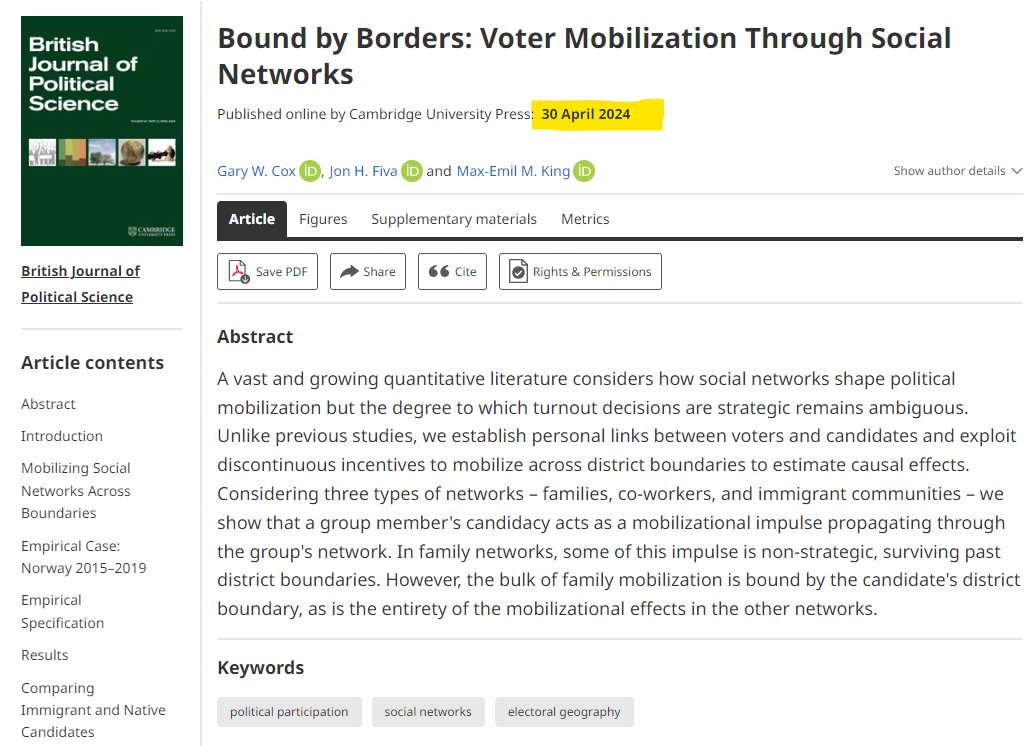 Bound by Borders: Voter Mobilization Through Social Networks, with Gary Cox and @maxemilking, is just out in @BJPolS. doi.org/10.1017/S00071… [1/5]