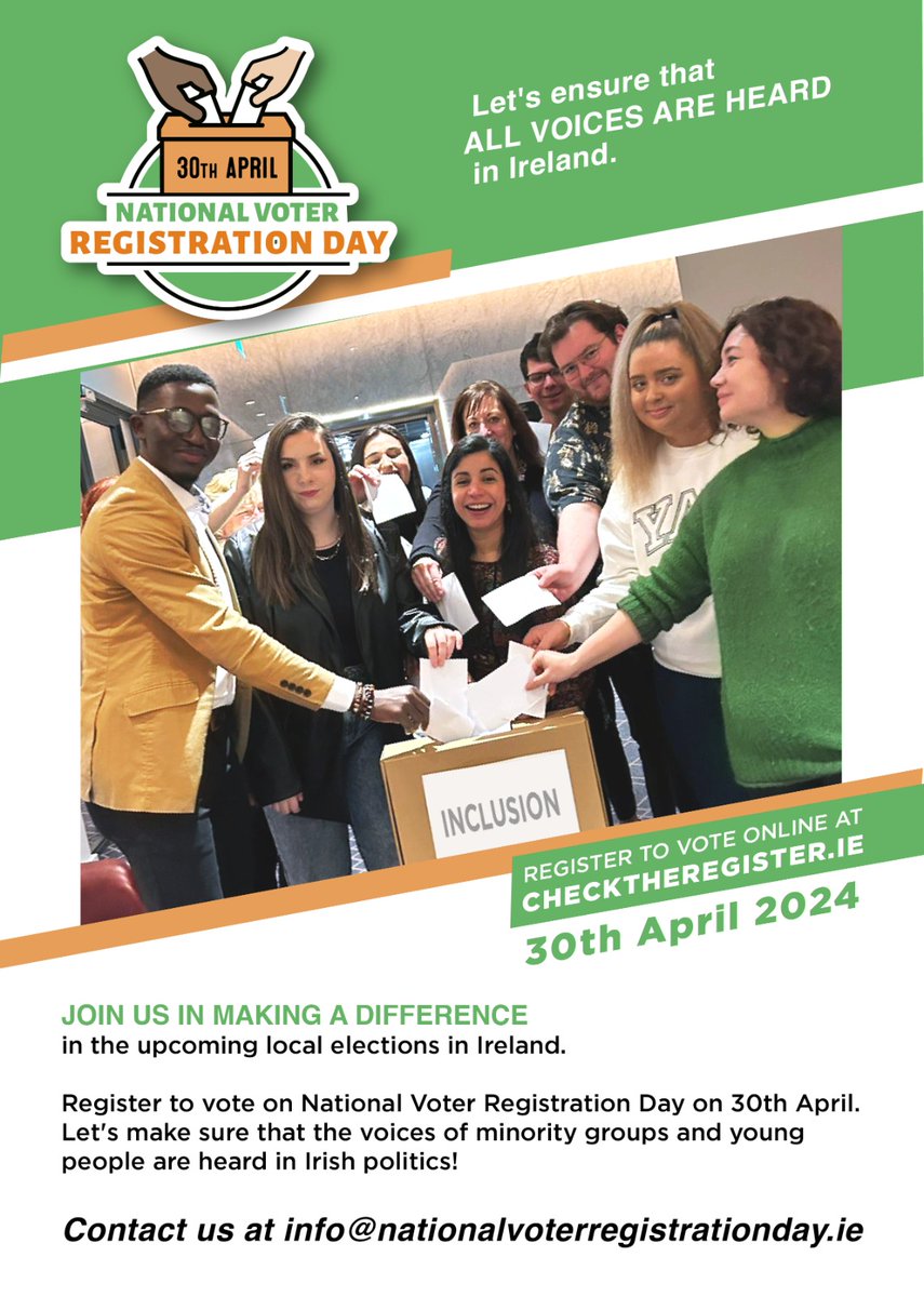 The WoMeN's Regional Caucus is delighted to support National Voter Registration day which takes place today across 🇮🇪 and is aimed at young people & minority groups. The last day to register to 🗳 is May 20th. To ensure you are registered to vote, go to checktheregister.ie.