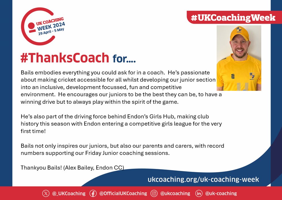 🏏Today's #thankscoach came in from @Endoncc #UKCoachingWeek