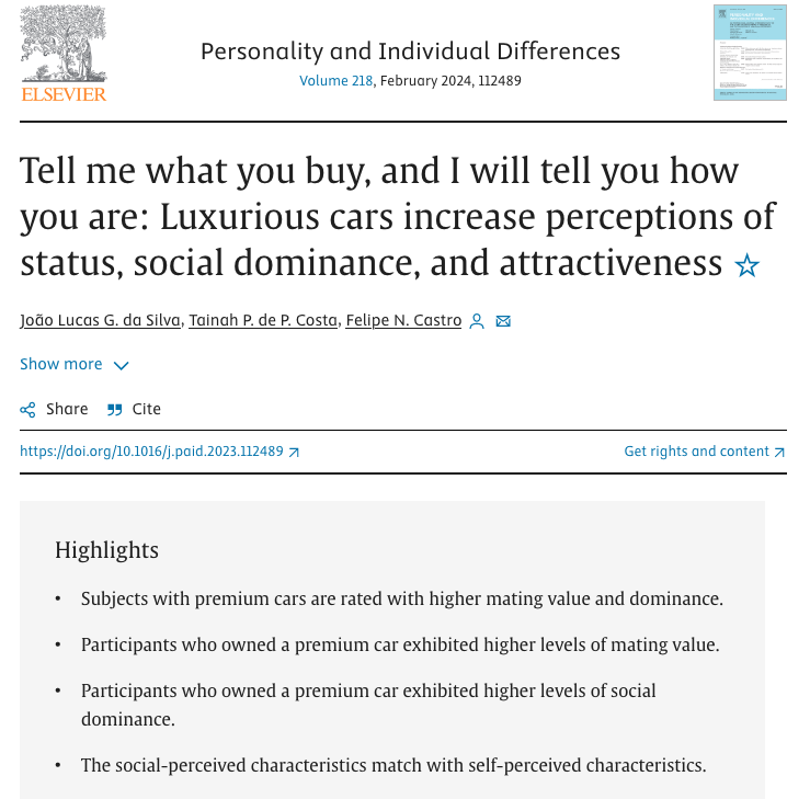 El coche que conduces te hace más o menos apetecible como pareja...

... Por esto no me como un rosco en Tinder, porque muestro orgulloso la vieja bici y mi amado Fiat Panda😅

> sciencedirect.com/science/articl…

#DecisionMaking #Parenting #CognitiveBias #ConsumerPsychology