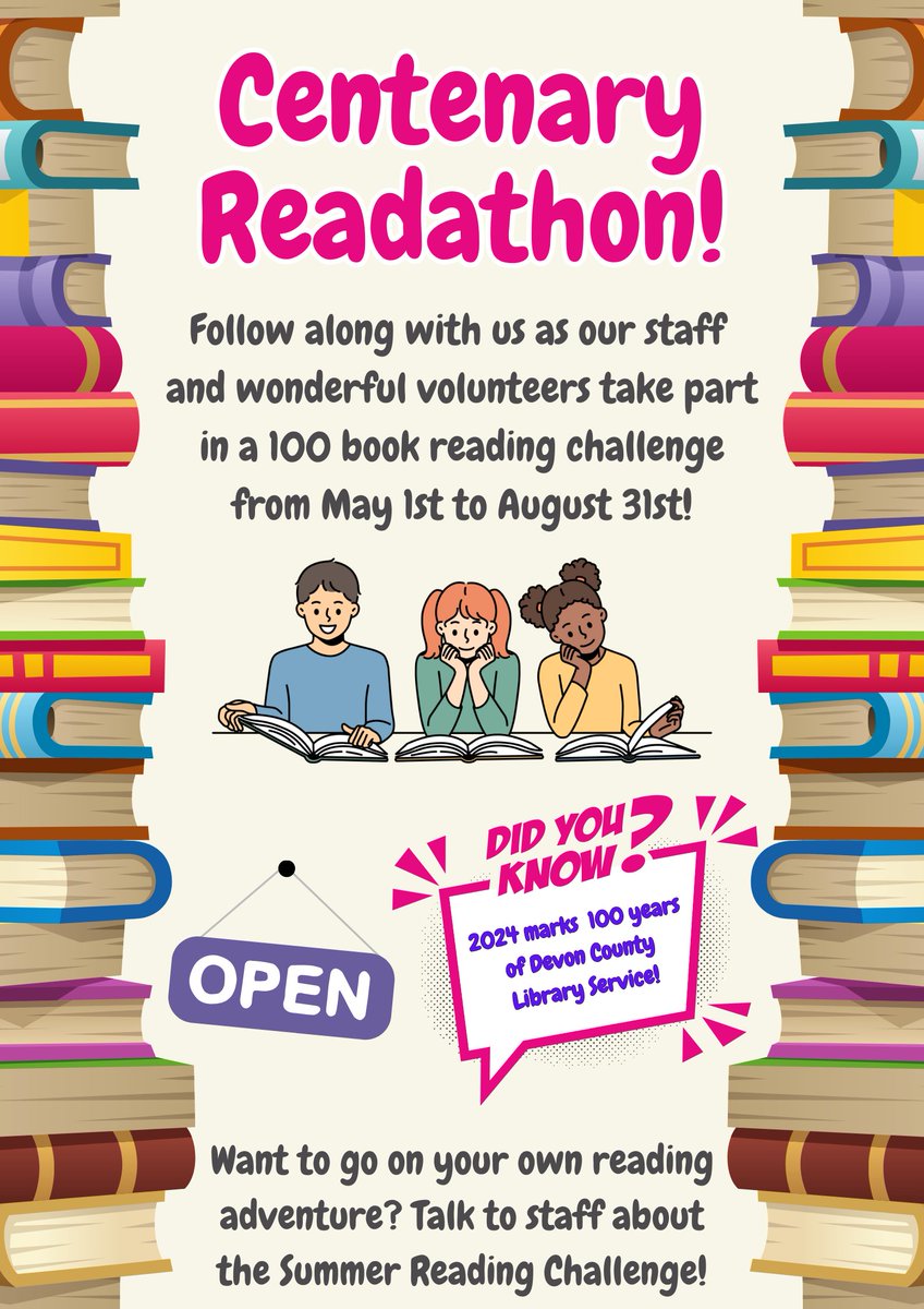 This year marks 100 years of Devon's library service! To celebrate, our staff and volunteers will be taking part in a readathon until August 31st. Pop in to see what we're reading! 
#southmolton #southmoltonlibrary #librariesunlimited #lovelibraries #librariesforlife