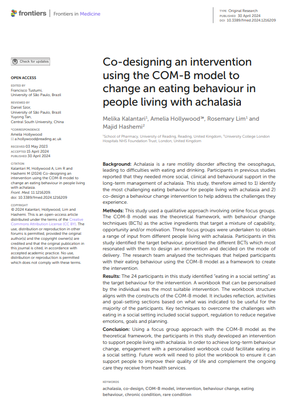 NEW PAPER OUT NOW @FrontiersIn
Co-designing an intervention using the COM-B model to change an eating behaviour in people living with achalasia.
@MelikaKalantari @RosemaryHLim @AchalasiaAction @RSofPharmacy @UniofReading
frontiersin.org/articles/10.33…