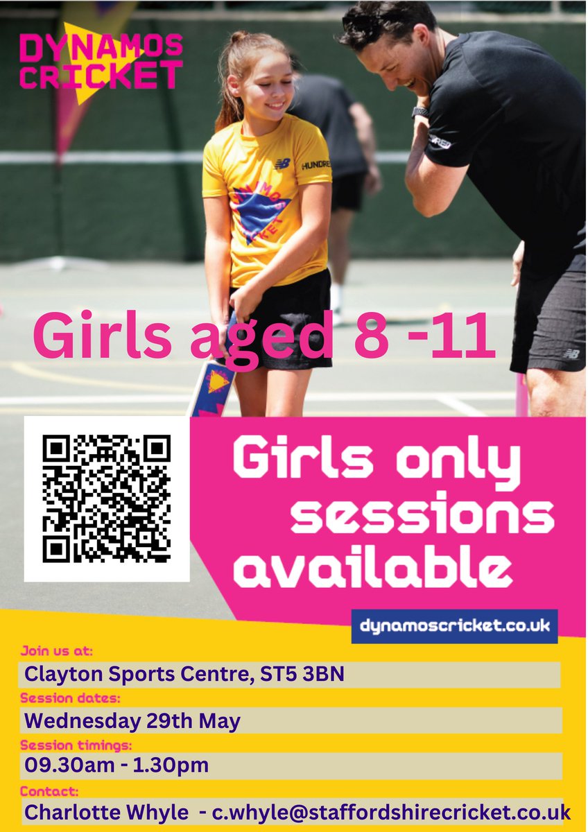 📣 Calling girls aged 8-11 📣 Join us at Clayton Sports Centre for Dynamos cricket. No equipment necessary. All girls will receive a Dynamos T-shirt 📅Wednesday 29th May 🕛0930 – 1330 🏟️Clayton Sports Centre 👧aged 8-11 Register using link or QR code: ecb.clubspark.uk/Dynamos/BookCo…