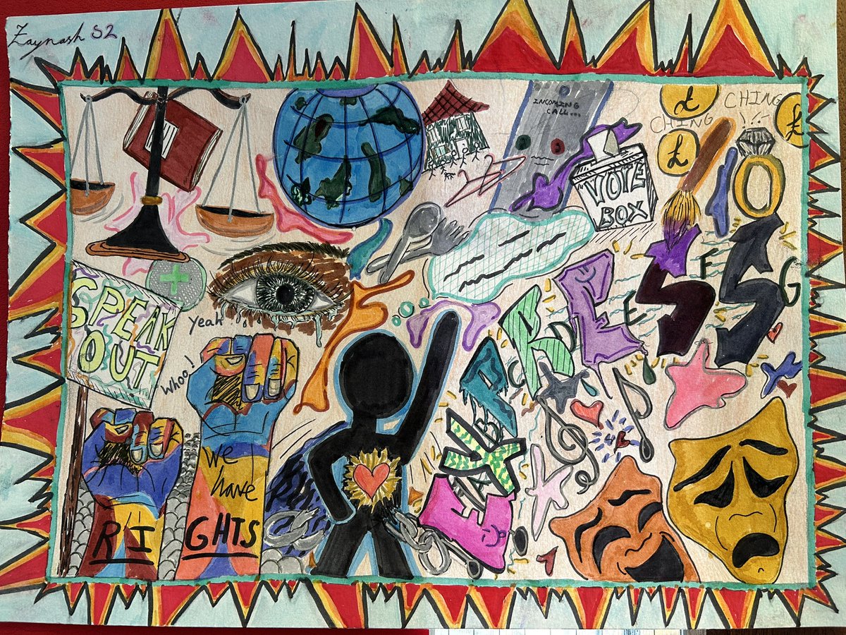 An amazing piece of art from Zaynash S2 on our Human Rights theme. It is beautiful and meaningful, and above and beyond what was asked. How many symbols can you pick out? Zaynash has taken her ideas from various Articles taken from the UDHR. #KAHumanRightsFreedom @Kelvinside1878