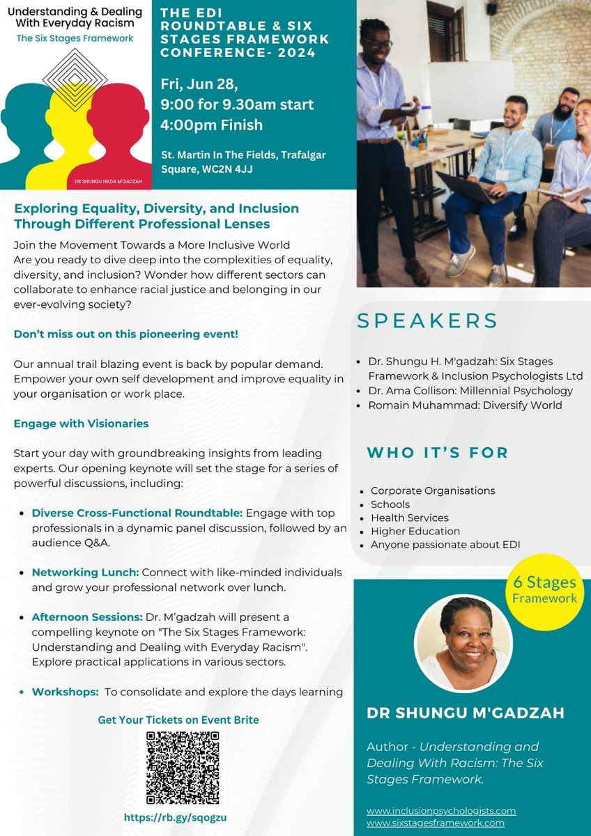 EXPLORING EQUALITY, DIVERSITY AND INCLUSION THROUGH DIFFERENT PROFESSIONAL LENSES: THE SIX STAGES FRAMEWORK CONFERENCE 28TH JUNE 2024.
eventbrite.co.uk/e/edi-round-ta…

inclusionpsychologists.com/post/exploring…
#DEI  
#racism  #sixstagesframework  #HateCrime #psychology #lgbtq #discrimination #disability