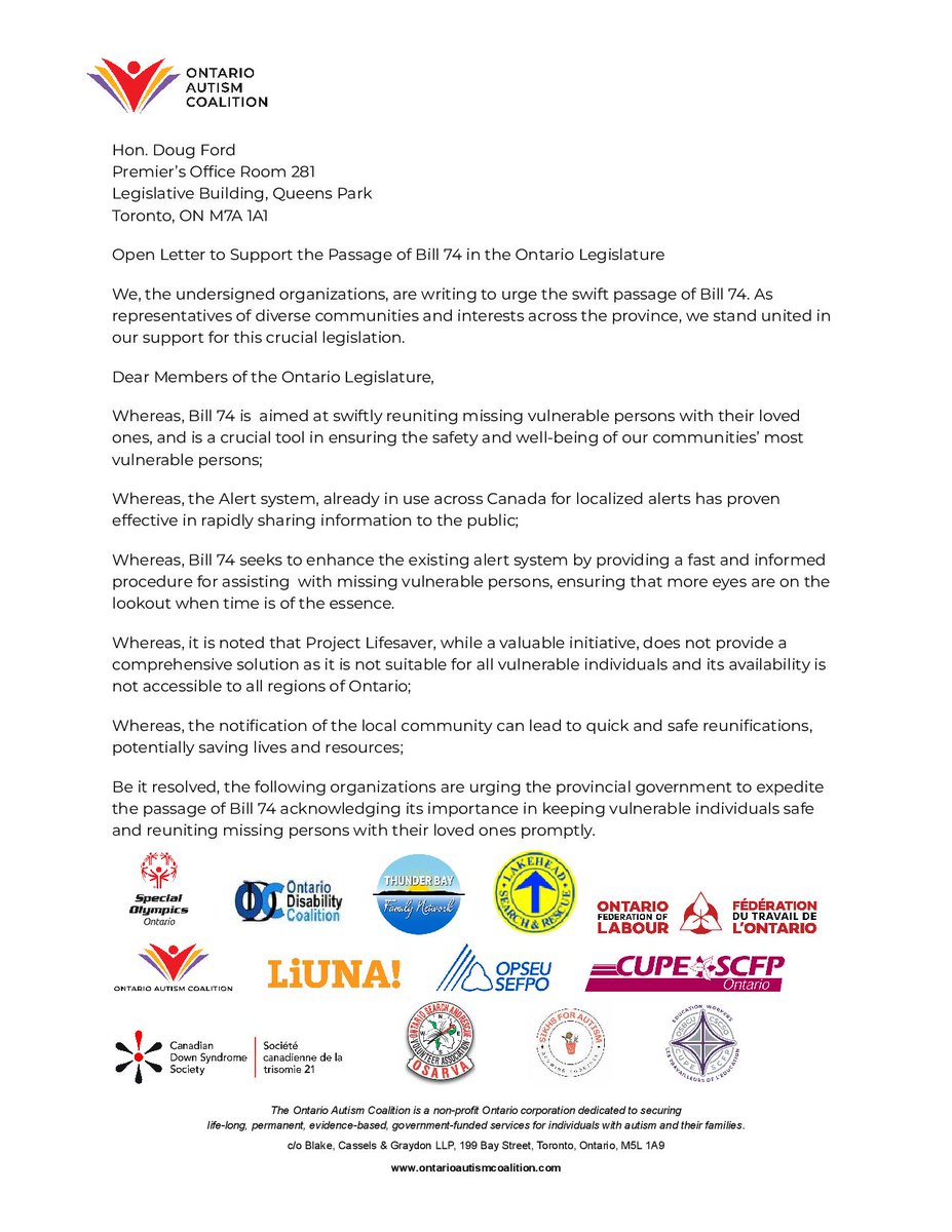 The undersigned organizations urge the swift passage of Bill 74: Missing Persons Amendment Act, 2023. As representatives of diverse communities & interests across Ontario, we stand united in our support of this crucial legislation, which WILL SAVE LIVES. #PassBill74Now #onpoli