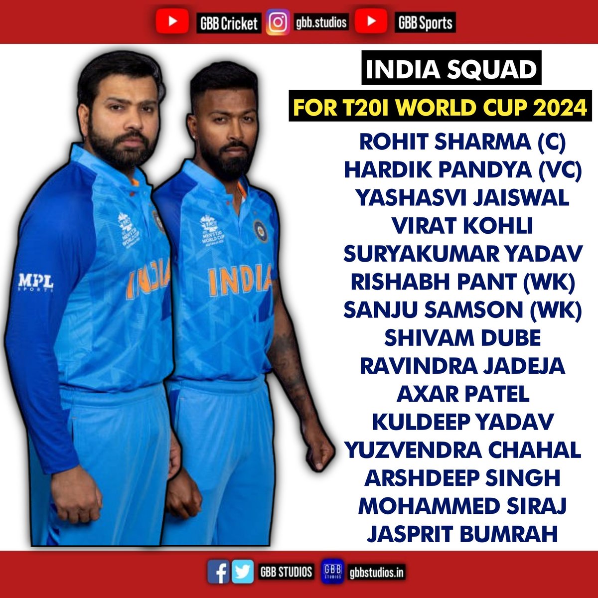 Indian team squad for T20 World Cup 2024!

#TeamIndia #T20WorldCup2024 #T20WorldCup24 #t20worldcup #RohitSharma𓃵 #HardikPandya #SanjuSamson #yuzvendrachahal #yashasvijaiswal #mohammedsiraj #rinkusingh #KLRahul