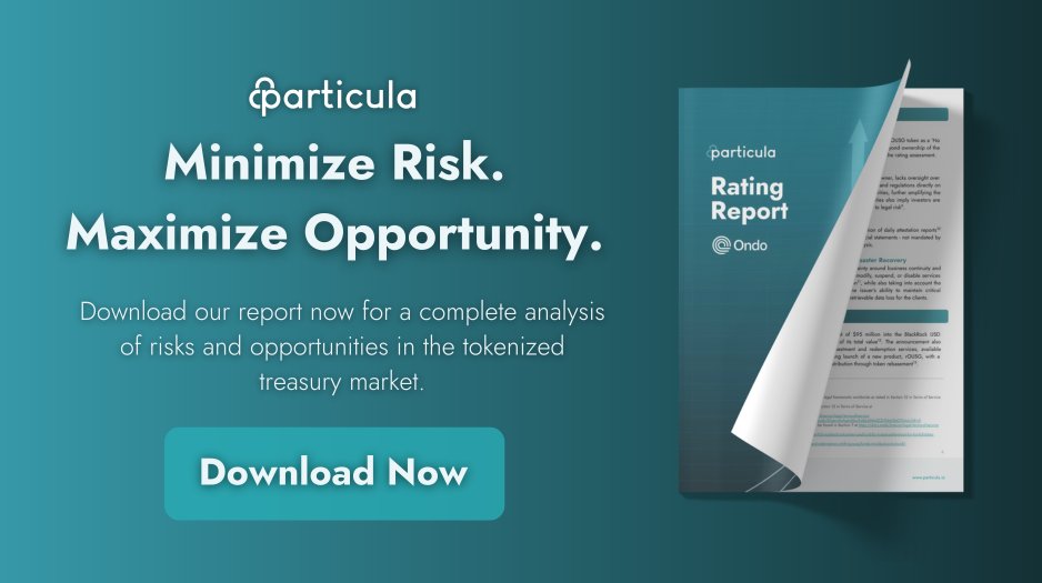 Particula (@particula_io) on Twitter photo (1/2) For the first time, Particula is opening up its digital asset risk assessment methodology by sharing one of its recent rating reports of the Ondo OUSG token, which currently is assigned with a BB rating (speculative, high risk).
๐ ๐ข๐ป๐ฑ๐ผ ๐๐ถ๐ป๐ฎ๐ป๐ฐ๐ฒ: ๐ ๐๐ฒ๐ฎ๐ฑ๐ฒ๐ฟ (1/2) For the first time, Particula is opening up its digital asset risk assessment methodology by sharing one of its recent rating reports of the Ondo OUSG token, which currently is assigned with a BB rating (speculative, high risk).
๐ ๐ข๐ป๐ฑ๐ผ ๐๐ถ๐ป๐ฎ๐ป๐ฐ๐ฒ: ๐ ๐๐ฒ๐ฎ๐ฑ๐ฒ๐ฟ