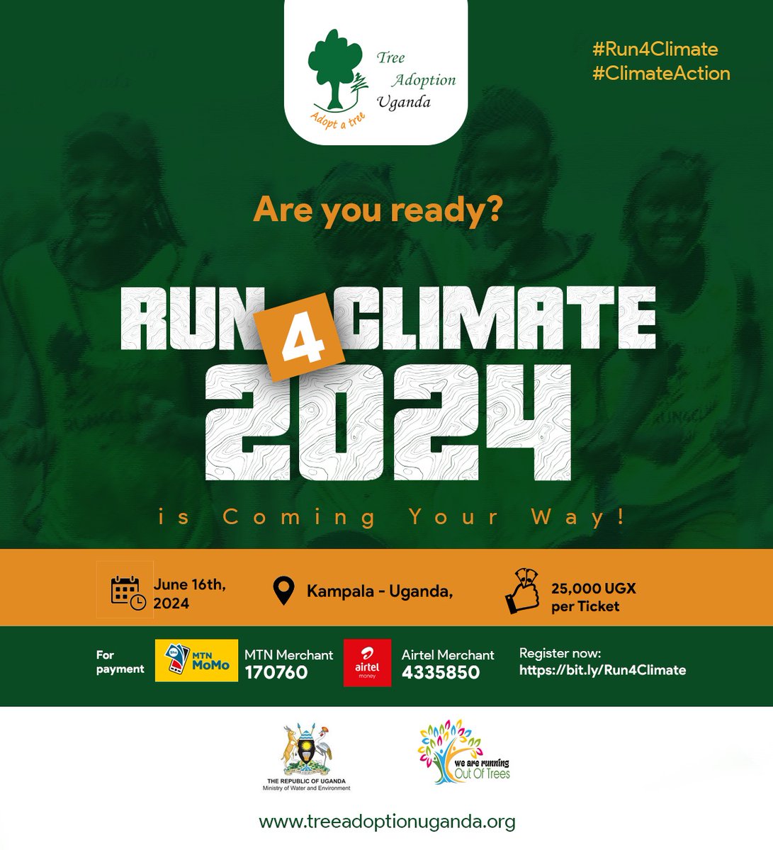 🌳🏃‍♀️🏃‍♂️Get ready to #Run4Climate on June 16th in Kampala! Join @tree_adoptionug for this climate action event to raise funds for tree planting. To participate in #Run4Climate, register here 📲: bit.ly/Run4Climate #ClimateAction