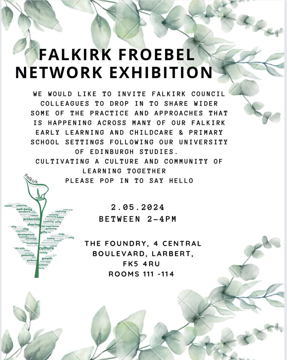 Falkirk Council Colleagues pop in to our Exhibition this week. Thursday 2-4pm at the Foundry It would be great to share our Network work wider with FC colleagues. Interactive experiences in sewing, weaving, clay & literacy. Flagship, Practitioner Inquiry + more. 💗⬇️