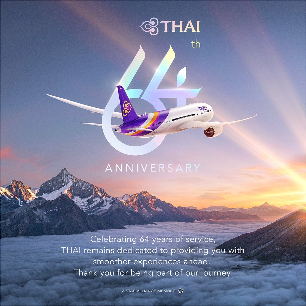 Marking a remarkable milestone of 64 years of dedicated service, THAI continues to be committed to prioritising safety and satisfaction to ensure your journey is smooth as silk.

Let #ThaiAirways take care of you on your next flight. 💜

#SmoothAsSilk #64thAnniversary #FlyTHAI