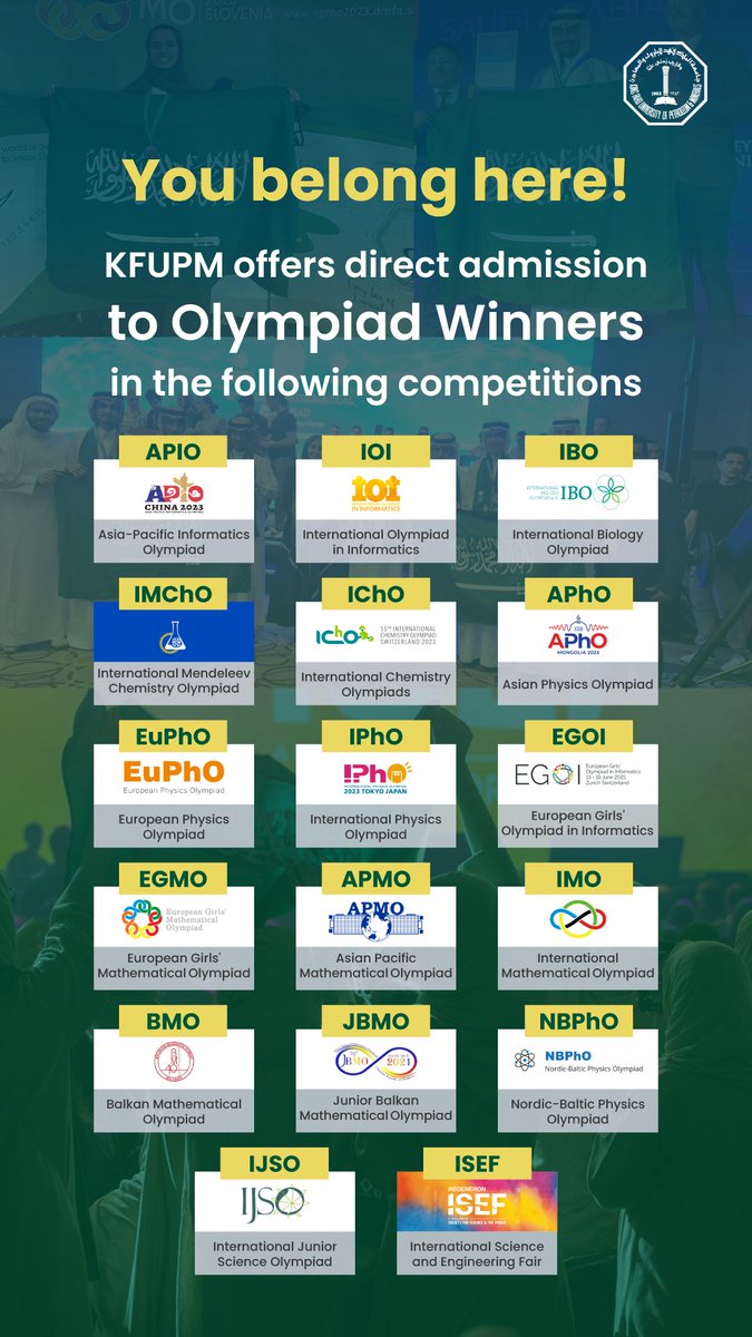 #KFUPM offers direct admission to Saudi Olympiad Winners who have received international awards. Apply here: Apply.kfupm.edu.sa The Application deadline is August 1st.