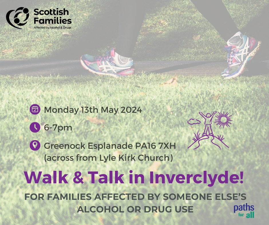 Are you affected by someone else’s drug/alcohol use? Please know, you are not alone! In conjunction with Mental Health Awareness Week (13th – 19th May), @SFADInverclyde is launching a brand new weekly ‘Walk & Talk.’ 💜 No need to book! Send any enquiries inverclydefss@sfad.org.uk