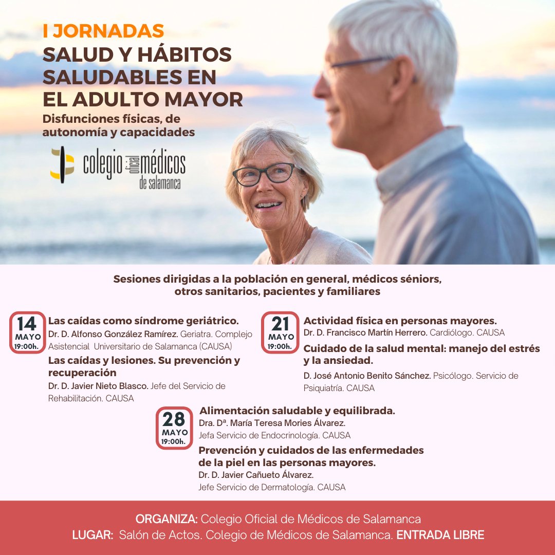 Una de las próximas actividades que tiene como temática principal a los mayores y su salud... I Jornadas 'Salud y hábitos saludables en el adulto mayor'. Arrancan el 14 de mayo hablando de las caídas. Abierta a todo el público interesado como actividad de promoción de la salud.