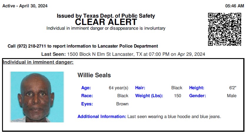 ACTIVE MISSING ADULT ALERT for Willie Seals from Lancaster, TX, on 04/30/24
