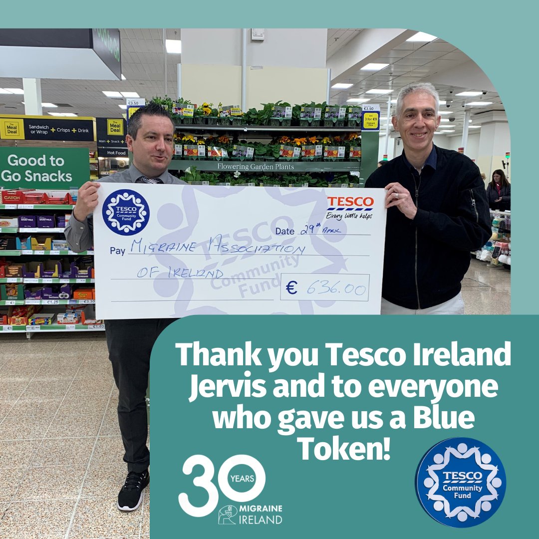 @MigraineIreland would like to thank The Tesco Community Fund, Paddy Kelly & his team in Tesco Jervis Centre for allowing us to raised funds in the heart of #Dublin. A whopping €636, every little helps 😊 #notjustaheadache #community #TescoCommunityFund #migraine #fundraising