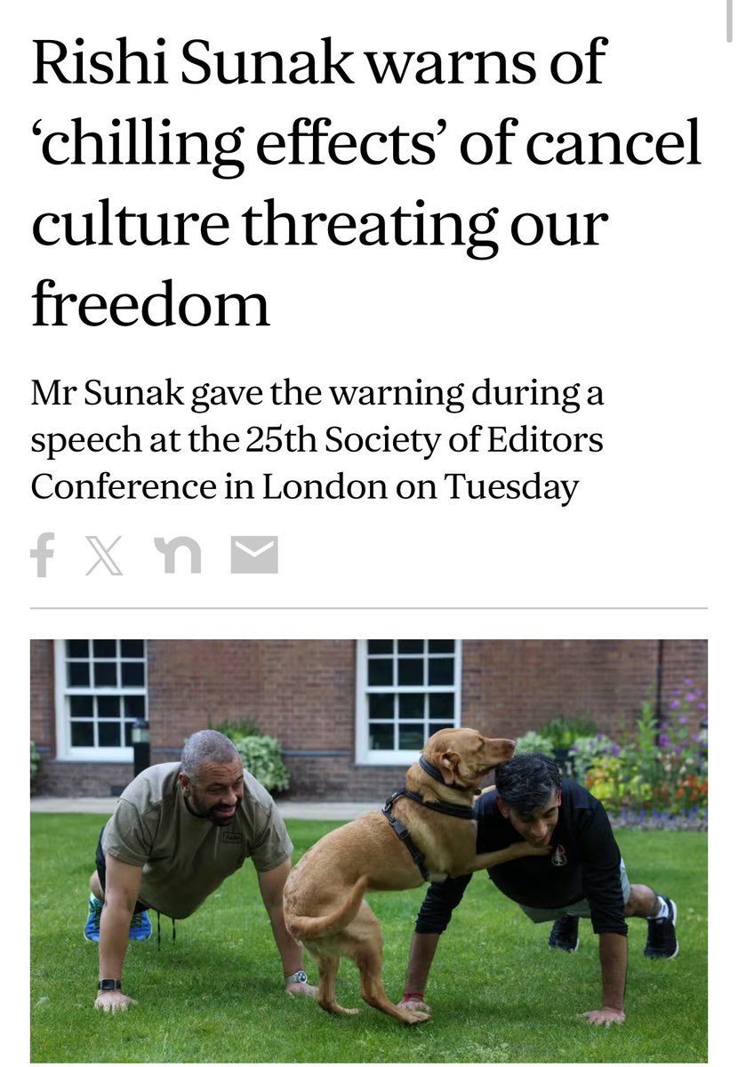 Rishi Sunak, whose party campaigned for Gary Lineker to be sacked for expressing his opinions and whose government blacklisted from official events anyone who publicly criticised them, says 'cancel culture' is now 'threatening our freedom'