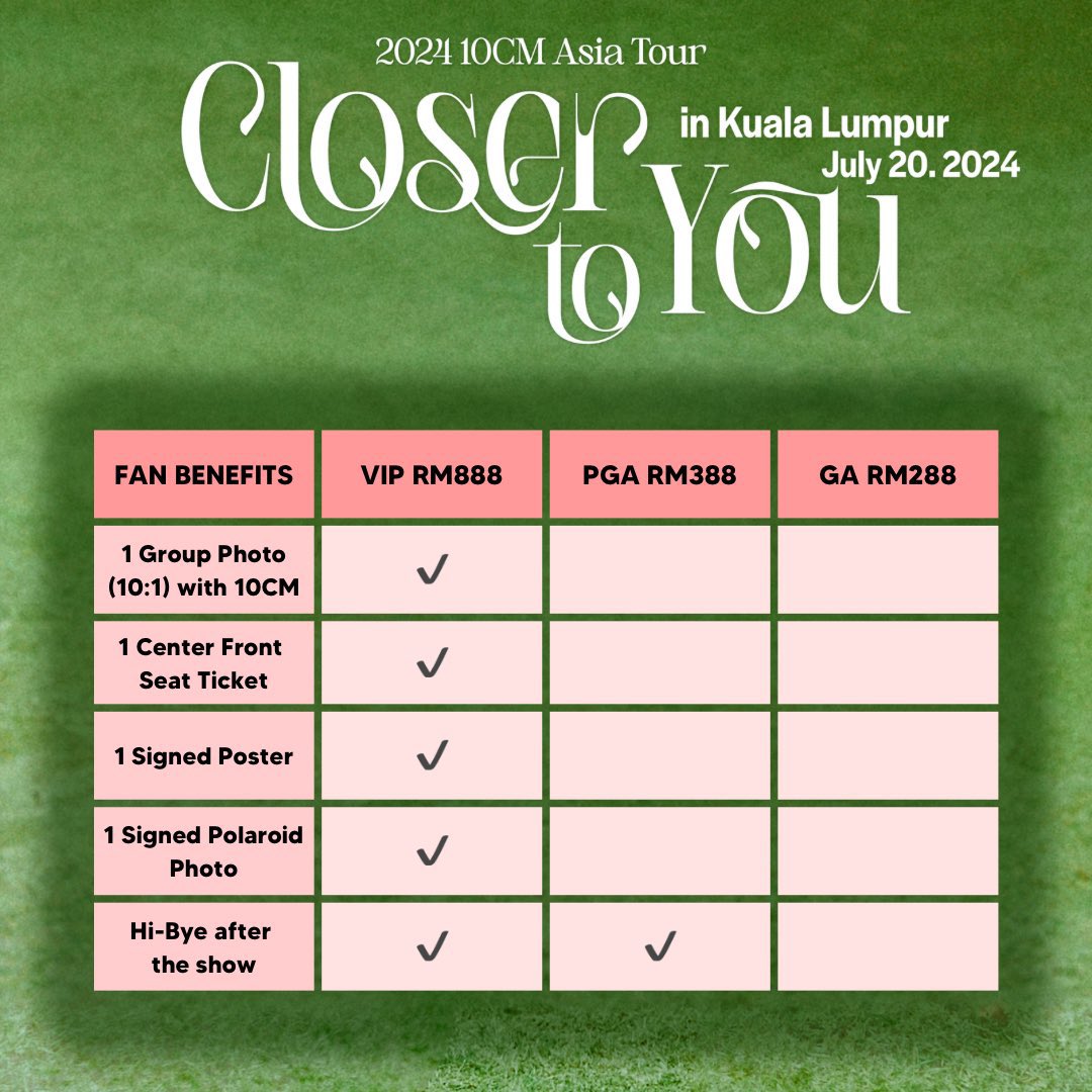 [Event] 2024 10CM Asia Tour <10CM Closer to You> in Kuala Lumpur

date: 20.07.2024 (Saturday)
time: 8.00pm
venue: EX-Eight (EX-8), Subang Jaya
ticketing: livepass.asia

#10CM #권정열 #십센치 
#10CM_Asiatour2024 #10CM_ClosertoYou 
#10CMinMY @banyakbagusent 
#MYKPOPWIRE