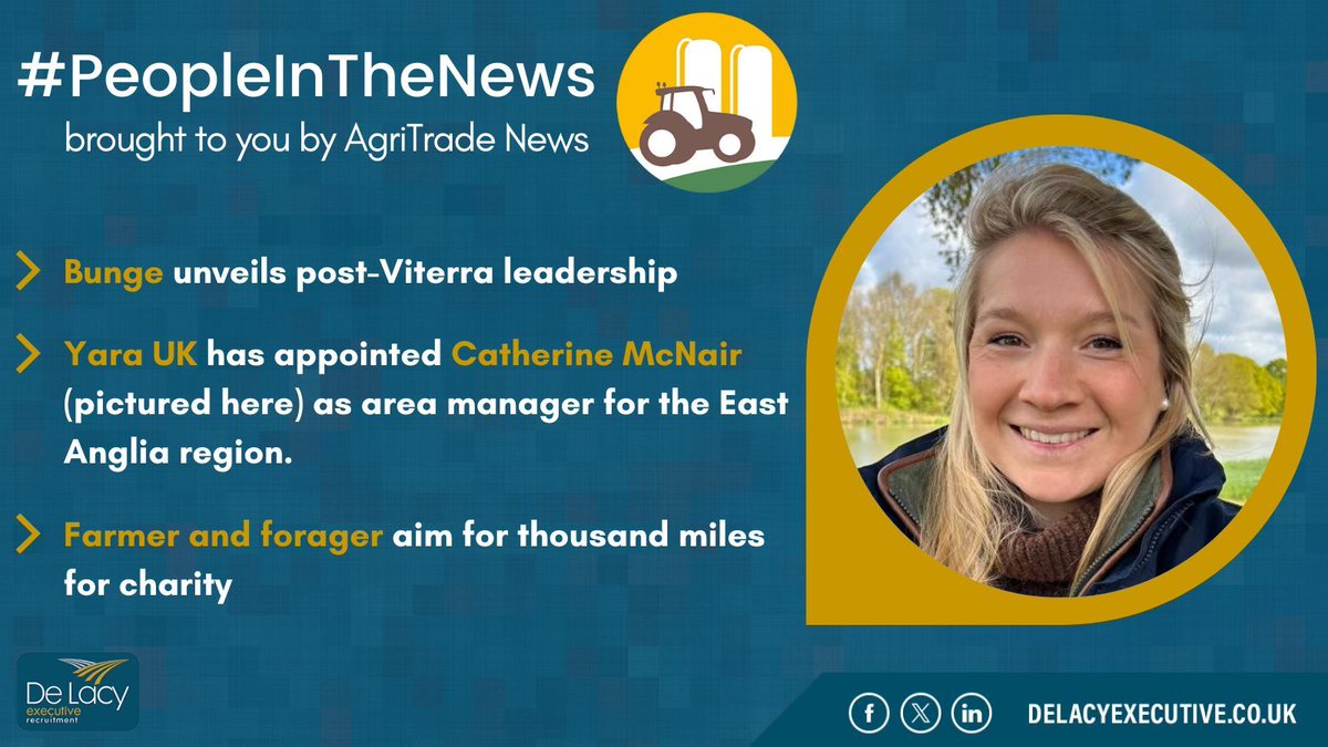 We're back for our #PeopleInTheNews segment, brought to you by @AgriTradeNews!

This week in the industry:

➡️ @BungeWA Unveils Post-Viterra Leadership
➡️ New Area Manager for @Yara_UK
➡️ Farmer & Forager Aim for Thousand Miles For Charity

More: agritradenews.co.uk/news/people/ 

#AgJobs