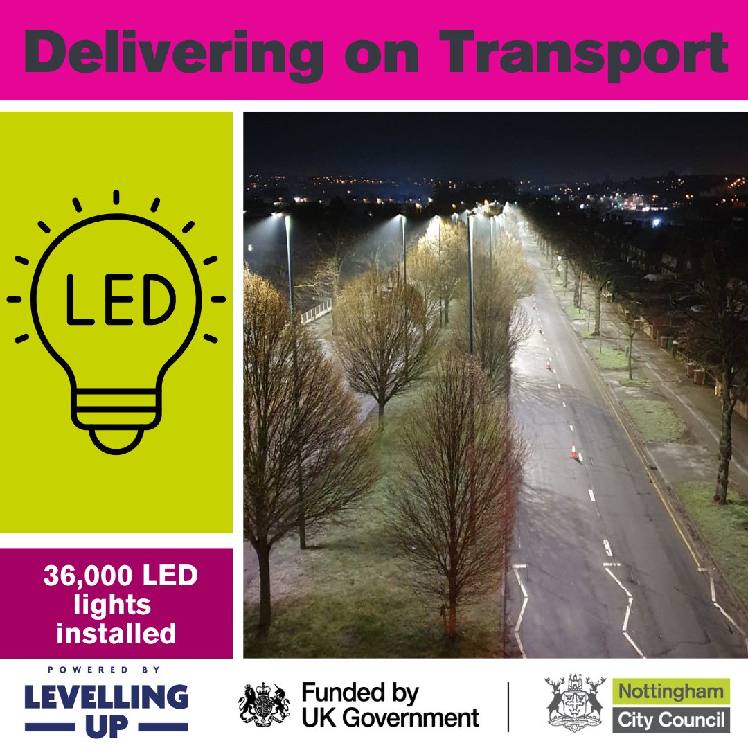 💡Using money from the Levelling Up fund, we have successfully replaced over 36,000 lights with new LED sources, in partnership with Enerveo. The new LED lights are more energy efficient and will help the Council save money by reducing operational costs. transportnottingham.com/nottinghams-le…