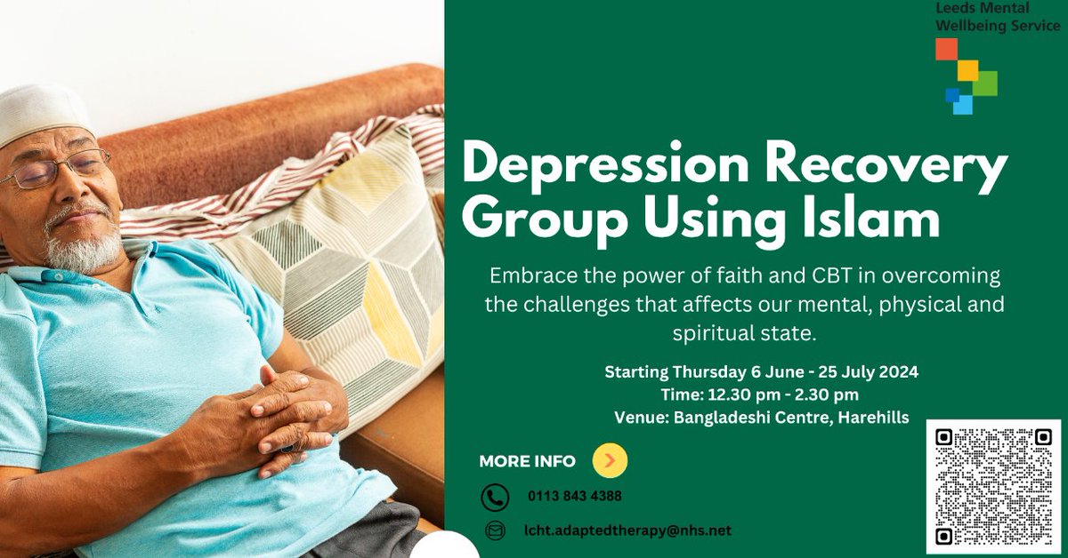 Registration is now open for our Depression Recovery Group course Using Islamic faith starting 6 June! Join us on this empowering journey towards healing and wellbeing. 
Find more information and register in the link below:
leedscommunityhealthcare.nhs.uk/our-services-a…

#MentalHealthMatters