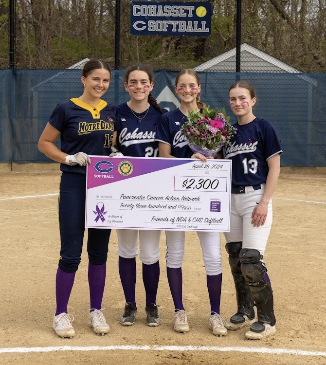 A final score of Cohasset 4, NDA 9, but a win for @PanCAN. Only problem is the check is wrong. By the game’s end, a total of $2,600 had been raised! Thank you to our @CohassetSports and @ndaathletics communities for their support!! 💜🥎💜