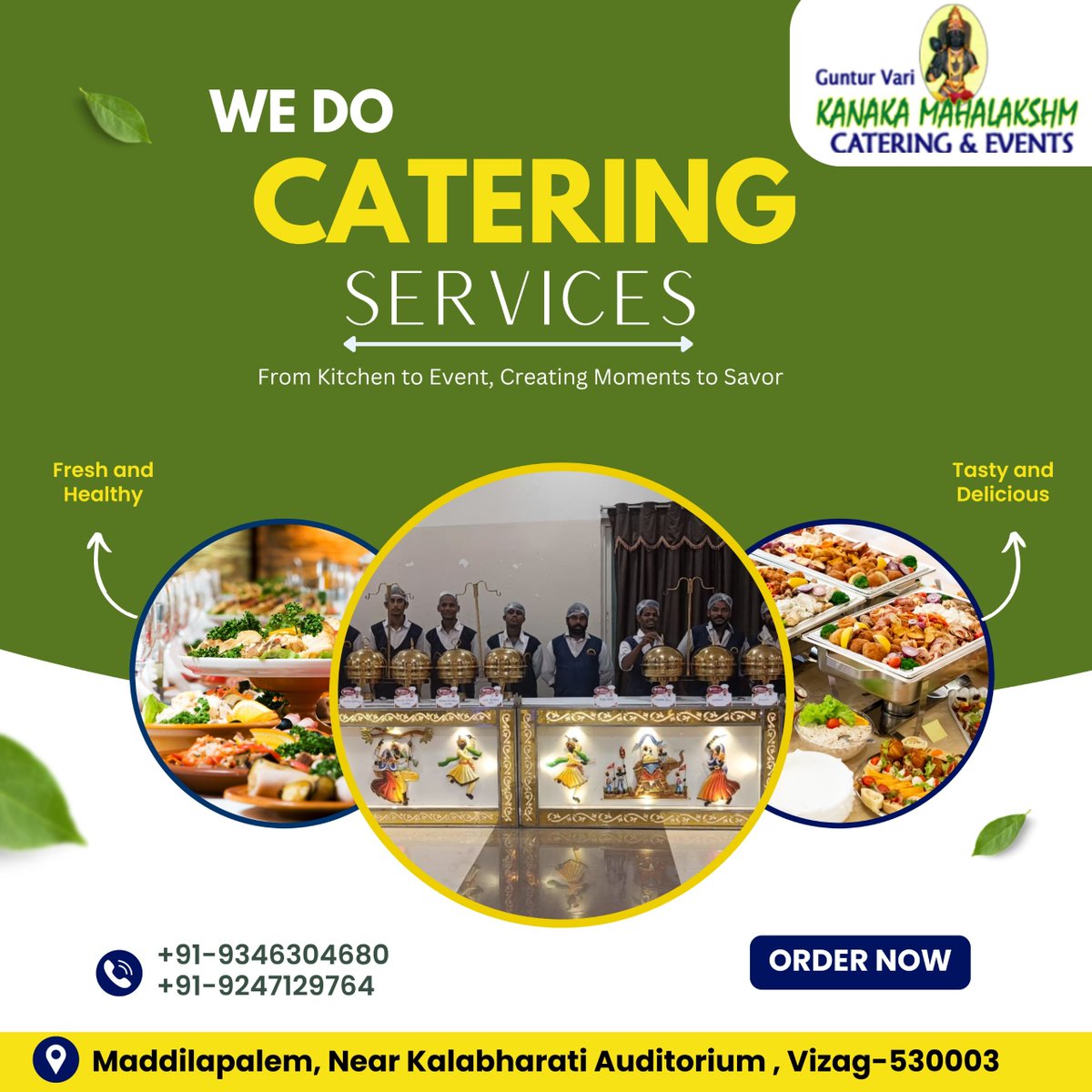 🍽️ **AGNAG Catering Services** 🍽️  
From Kitchen to Event, Creating Moments to Savor!  

📞 **Order Now:**  
+91-9346304680 | +91-9247129764  

📍 **Location:**  
Maddilapalem, Near Kalabharati Auditorium, Vizag-530003  

#CateringServices #EventCatering #VizagCatering #Fresh