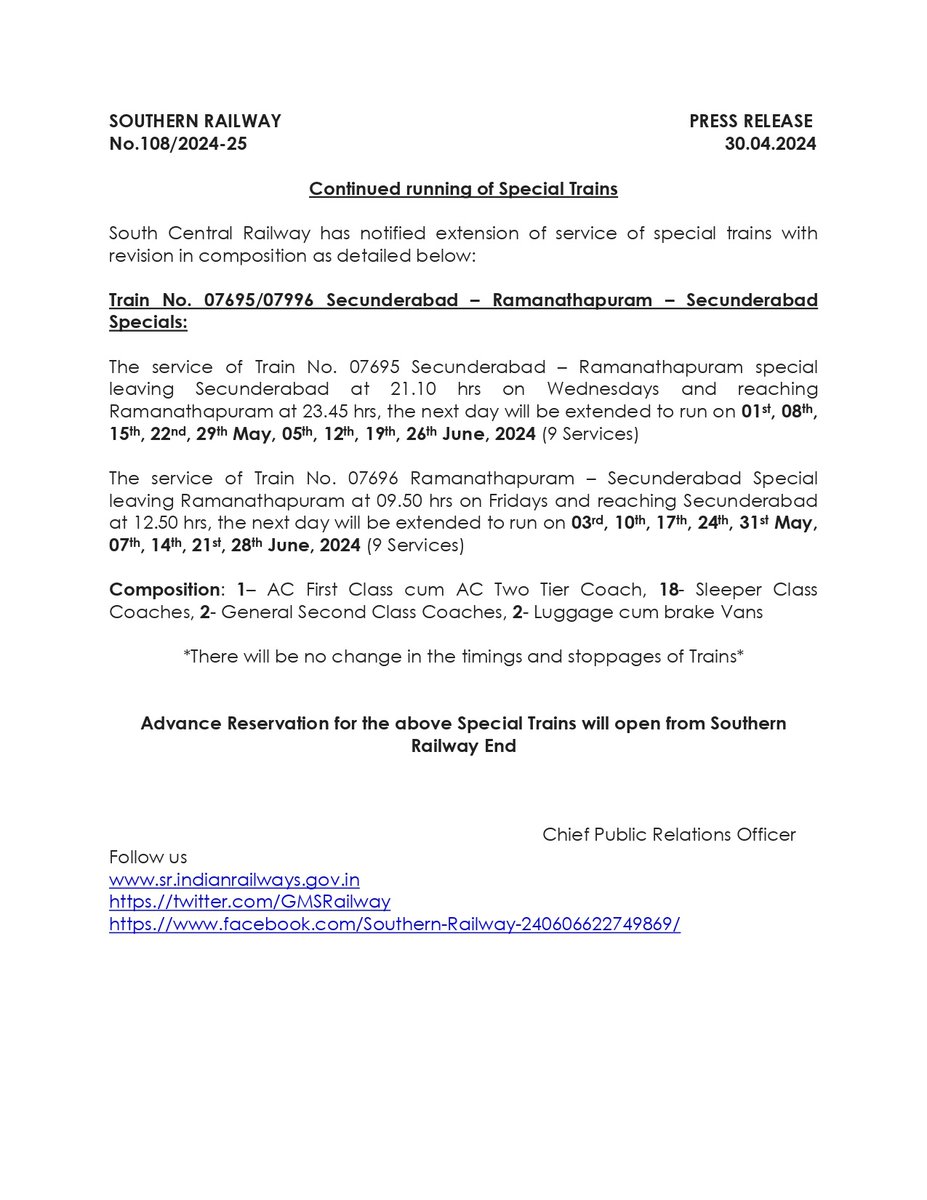 South Central Railway has notified extension of service of special #trains with revision in composition as detailed below Passengers are requested to take note on this and plan your #travel #SouthernRailway