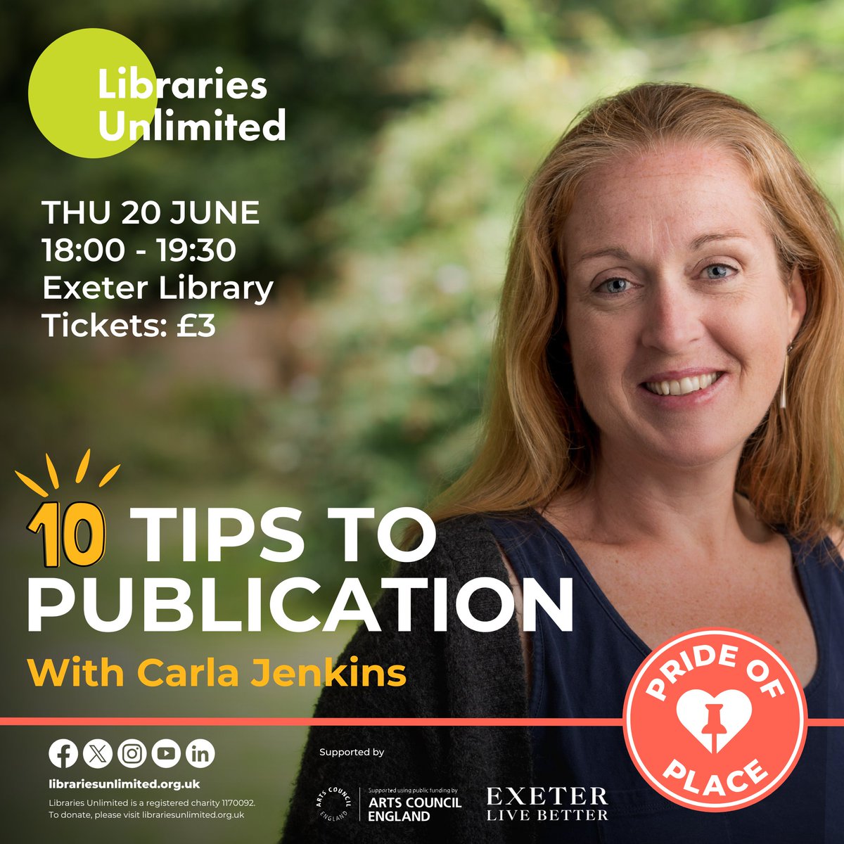 Calling all writers! Published author & workshop leader Carla Jenkins will be giving a talk at Exeter Library on 20 June covering the psychology of writing, imposter syndrome, work ethic, resilience + craft of writing, plus 10 top tips to publication. eventbrite.co.uk/e/10-tips-to-p…