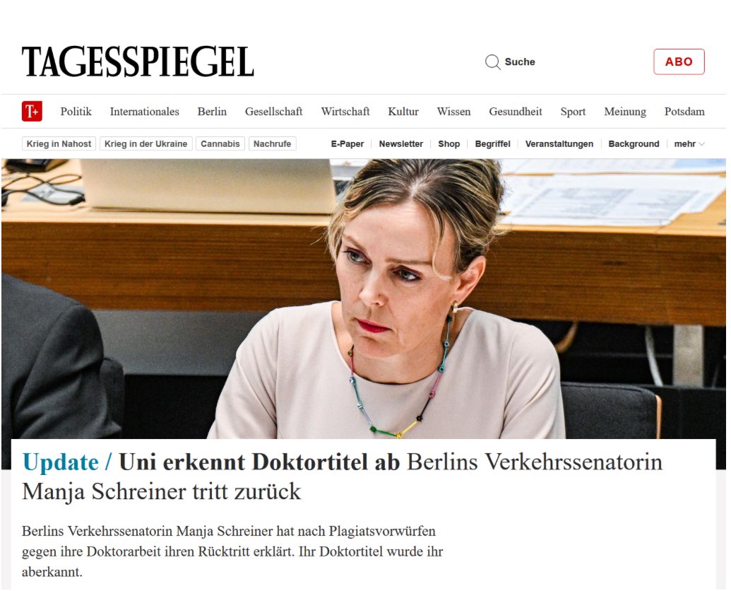 tramathon's tweet photo. The #best #news of the day appeared at @Tagesspiegel 👍🏻👍🏻👍🏻
The doctorate of #AutoManja @SchreinerManja is revoked due to plagiarism and she resigned from her seat in the Berlin government ! Can‘t get better this week 😇😇 https://t.co/7w425yDDAW