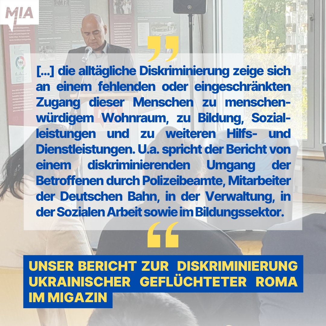 Anlässlich der Veröffentlichung des Monitoringberichts “#Antiziganismus gegen ukrainische #Roma-Geflüchtete in #Deutschland” berichtete das @MiGAZIN über die Arbeit von #MIA Kompletter Beitrag: migazin.de/2024/04/18/mon… #Ukraine #Antiziganismusbekämpfen