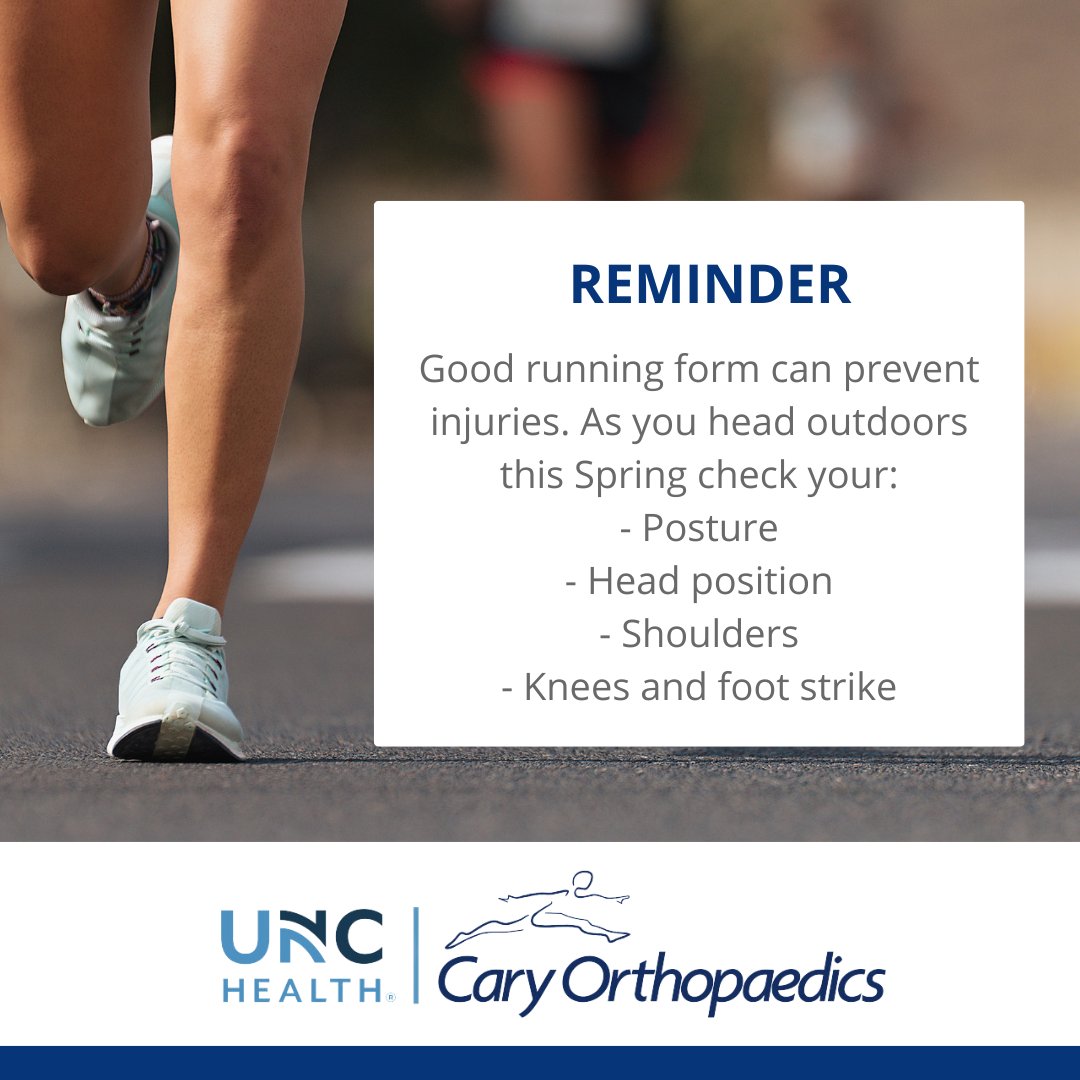 As the weather warms and you head outdoors to exercise, use good running form to prevent injuries. Here are our experts’ tips: bit.ly/3tYzuij

#running #goodrunningform #injuryprevention #runningform #caryortho #caryorthopaedics #orthopedic #orthopedics