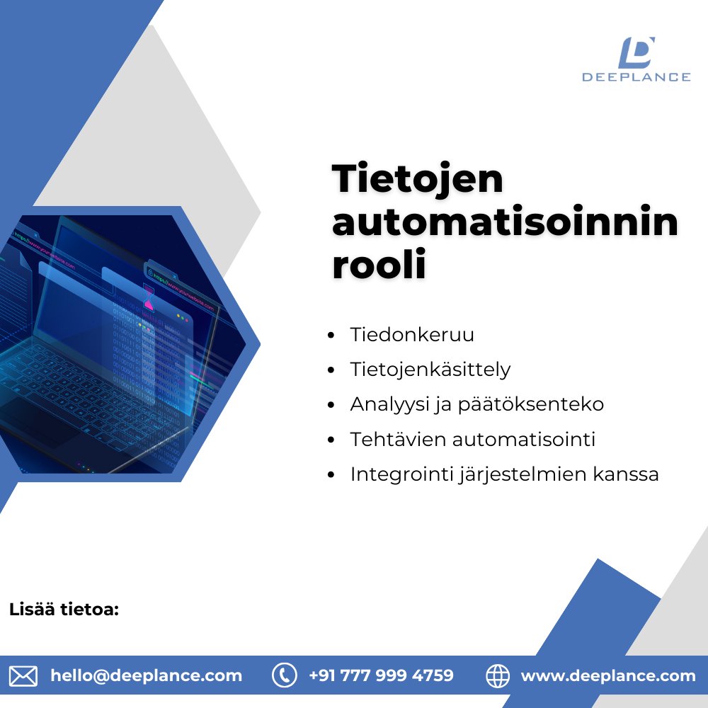 Tietojen automatisoinnin rooli.

#tiedonautomaatio #tiedonkeruu #tiedonkäsittely #analyysi #päätöksenteko #sidosryhmät#data #finland #helsinki #deeplance #finlandFI #suomi