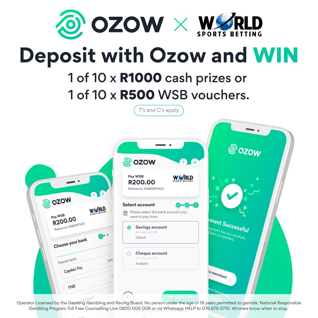 💰 Get in on the action! Deposit R200+ at World Sports Betting using Ozow and stand a chance to win 1 of 10 R1,000 cash prizes or one of 10 R500 free bet vouchers! Don't wait – deposit now! #CashPrizes #FreeBets #WSB #Ozow @OzowPay
