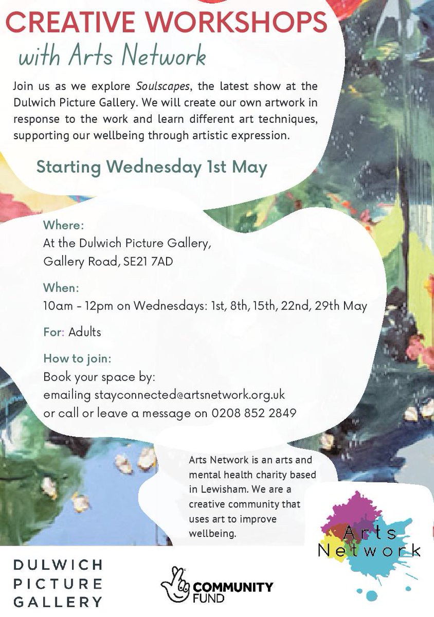 We'll be at @DulwichGallery each Weds in May (starting this week) for a series of morning creative #wellbeing #workshops responding to their current exhibition 'Soulscapes' - a contemporary retelling of landscape by artists from the African Diaspora. Details on how to join below.