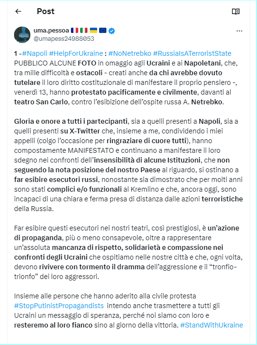 umapess24988053's tweet photo. 7 –  #Napoli #StopNetrebko #StopPutinPuppets #StopPutinistPropagandists #StopRossobruniItalici
ISTITUZIONI RECIDIVE IN COMPLICITA' - 
Numerose condivisioni di cittadini Napoletani, Ucraini e non solo, indignati contro scorse esibizioni di Netrebko a Napoli in miei PRECEDENTI threads di ottobre 2023 (in link, altri links a ns proteste connesse e condivise). 

Queste Istituzioni sono RECIDIVE nella COMPLICITÀ… ma il popolo è sovrano e le elezioni incombono… : all'occasione, mandiamoli a casa! 
ESTENUATI CHE SI DIA SPAZIO A MEGAFONI DEL CREMLINO! #ResistenzaNOW #DefendDemocracy #SaveUkrainianLife #StopRussianPropaganda

https://t.co/JYdWpv2J39
7/n >>>