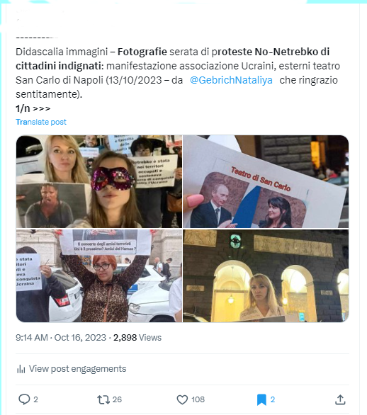 umapess24988053's tweet photo. 7 –  #Napoli #StopNetrebko #StopPutinPuppets #StopPutinistPropagandists #StopRossobruniItalici
ISTITUZIONI RECIDIVE IN COMPLICITA' - 
Numerose condivisioni di cittadini Napoletani, Ucraini e non solo, indignati contro scorse esibizioni di Netrebko a Napoli in miei PRECEDENTI threads di ottobre 2023 (in link, altri links a ns proteste connesse e condivise). 

Queste Istituzioni sono RECIDIVE nella COMPLICITÀ… ma il popolo è sovrano e le elezioni incombono… : all'occasione, mandiamoli a casa! 
ESTENUATI CHE SI DIA SPAZIO A MEGAFONI DEL CREMLINO! #ResistenzaNOW #DefendDemocracy #SaveUkrainianLife #StopRussianPropaganda

https://t.co/JYdWpv2J39
7/n >>>