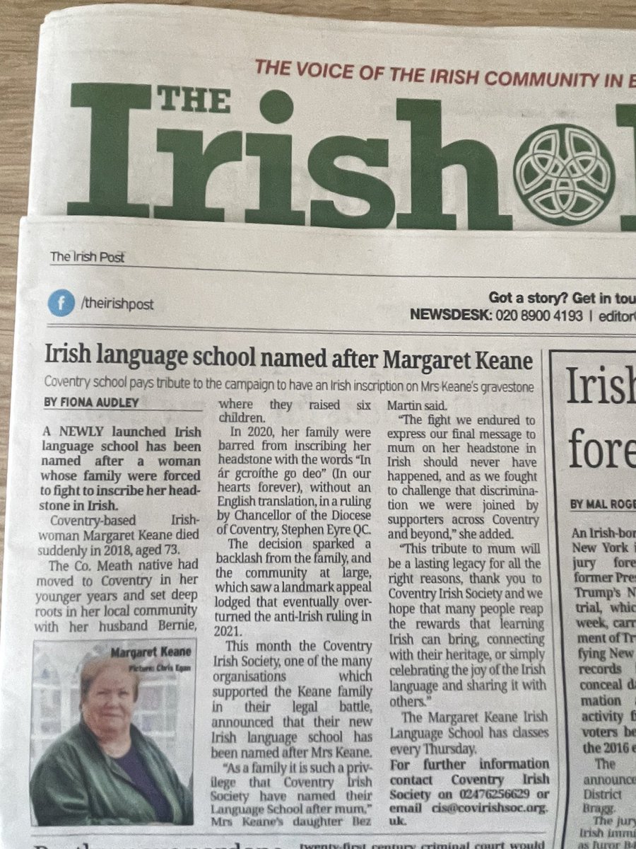 Lovely piece in the @theirishpost on the launch of The Margaret Keane #Irish language school @CoventryIrish. What a wonderful tribute to an amazing woman & her family @My_Mums_Voice 💚