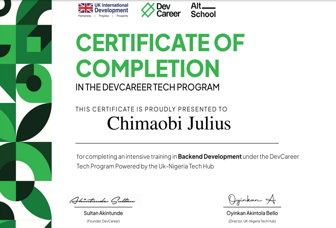 I'm officially a Certified Software Engineer (Backend Track)! @dev_careers @ukngtechhub @AltSchoolAfrica @traversymedia @freeCodeCamp  I mastered backend development using node JS, Express JS, MongoDB, and MySql, alongside Python, and I'm excited to put these skills to work.