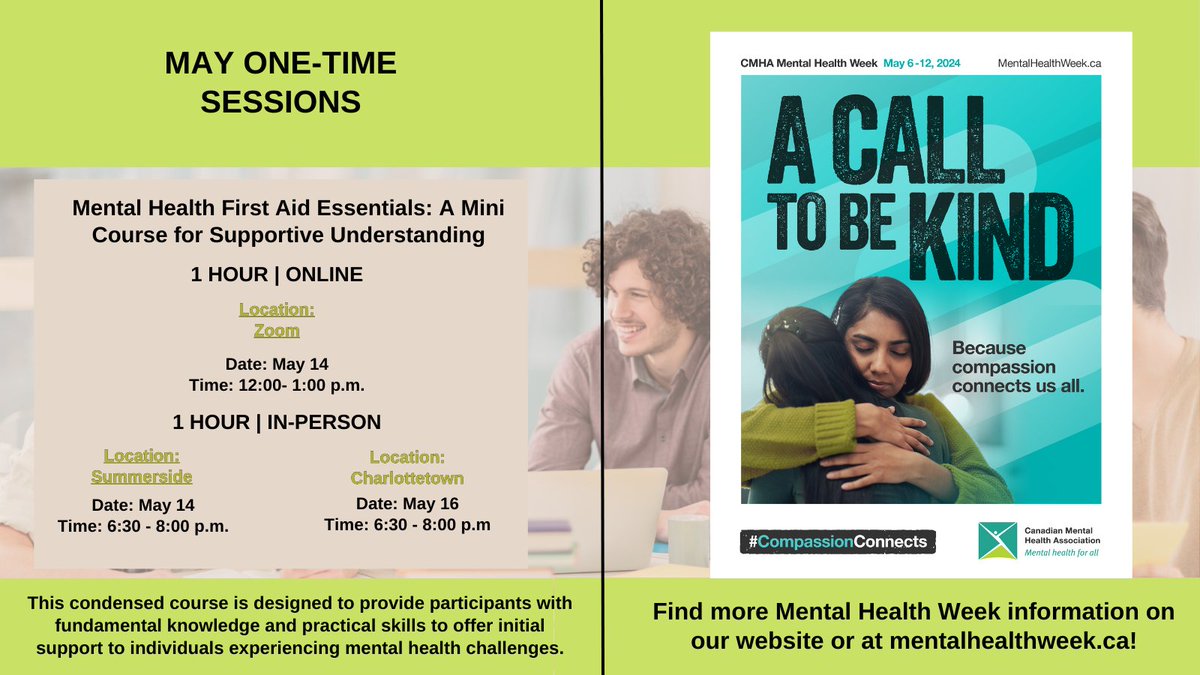 Looking to increase your knowledge surrounding mental health? Join us for one of our Learning, Training and Support Hub sessions this Spring/Summer season! View our full course calendar, and register for FREE for our Spring/Summer sessions today! pei.cmha.ca/our-programs/c…