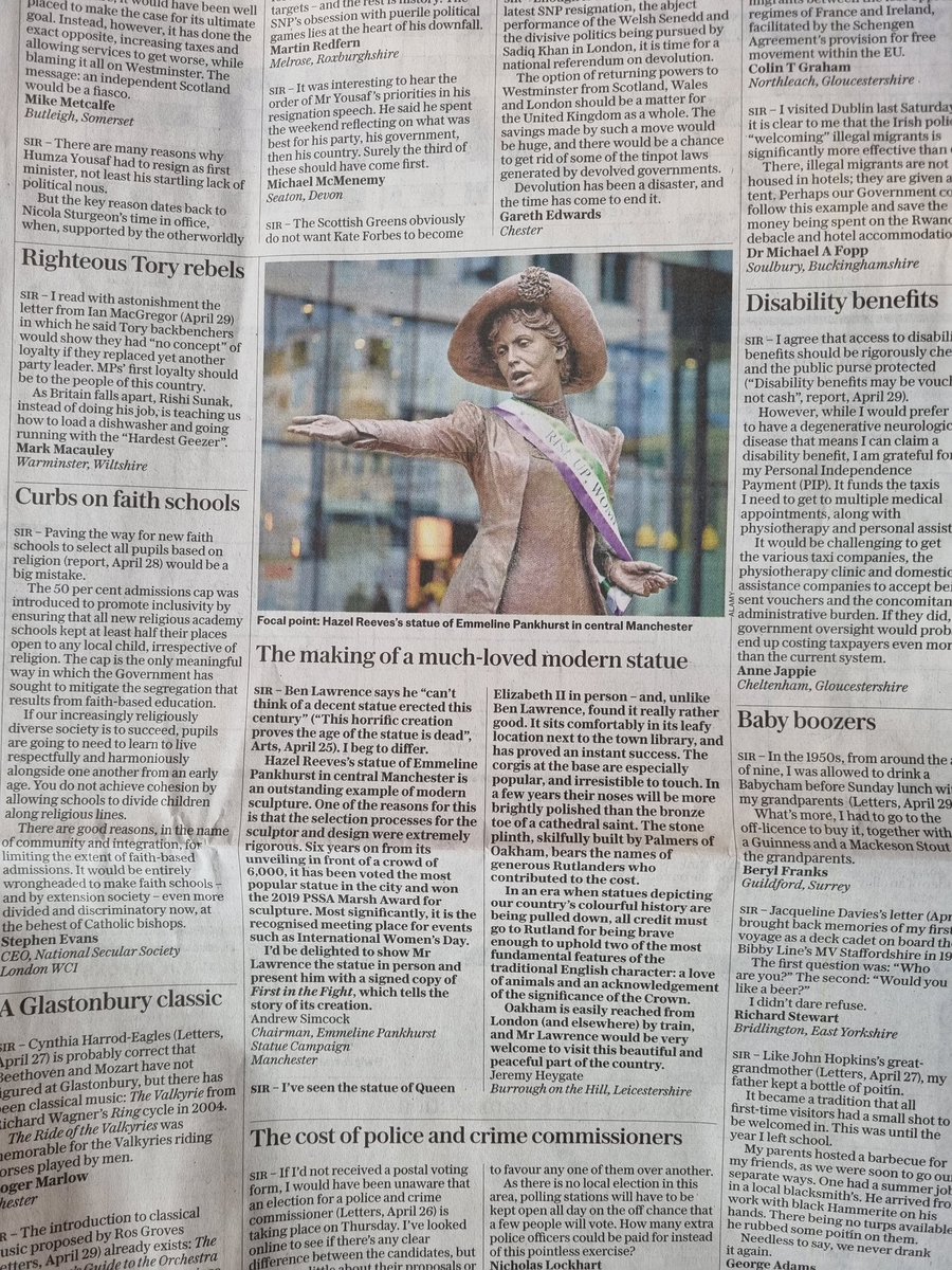 Very pleased to have this letter printed in today's @dailytelegraph (even if they have amended my title from 'Chair' to 'Chairman'!) refuting their columnist's views that modern statues have had their day. @HazelReeves Emmeline Pankhurst in Manchester is excellent. @PSSAtweets