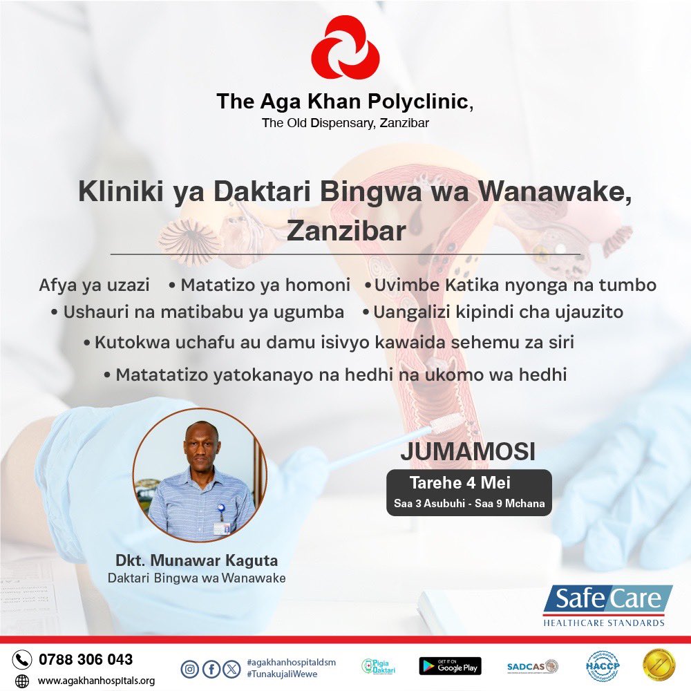Dr. Munawar Kaguta, Gynecologist from the Aga Khan Hospital, Dar es Salaam is coming again to ZANZIBAR on SATURDAY May 4th. He will be available at The Aga Khan Polyclinic, Old Dispensary, Zanzibar from 9am to 3pm. Book now via 0788 306 043. #agakhanhospitaldsm #zanzibar