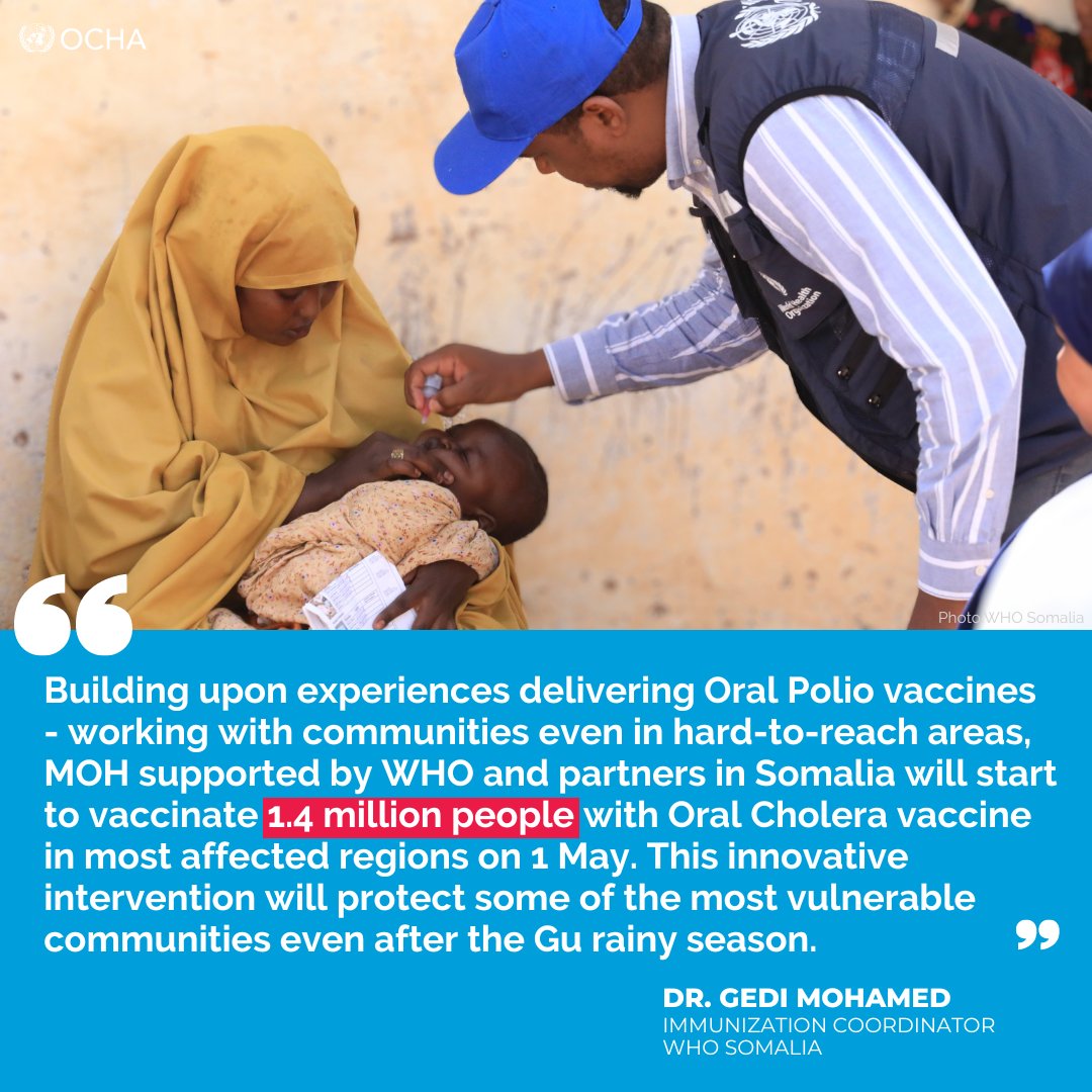 #DYK after the devastating floods in late 2023, cholera resurfaced in regions of #Somalia that had not seen a single case in over 2 years❓ @WHOSom & partners aim to vaccinate 1.4M people against cholera which will protect people also beyond the Gu rains. #WorldImmunizationWeek