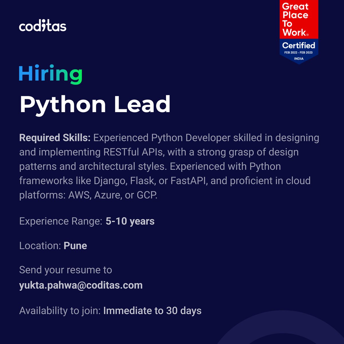 #HiringNow: Python Lead role at Coditas! Spearhead scalable solutions, design RESTful APIs, and lead a team of developers. 5+ yrs exp. required.

Apply here: coditas.com/careers/job-ap…
Or send your CV to yukta.pahwa@coditas.com. 

#PythonJobs #TechCareers #PuneITJobs #CoditasCareers