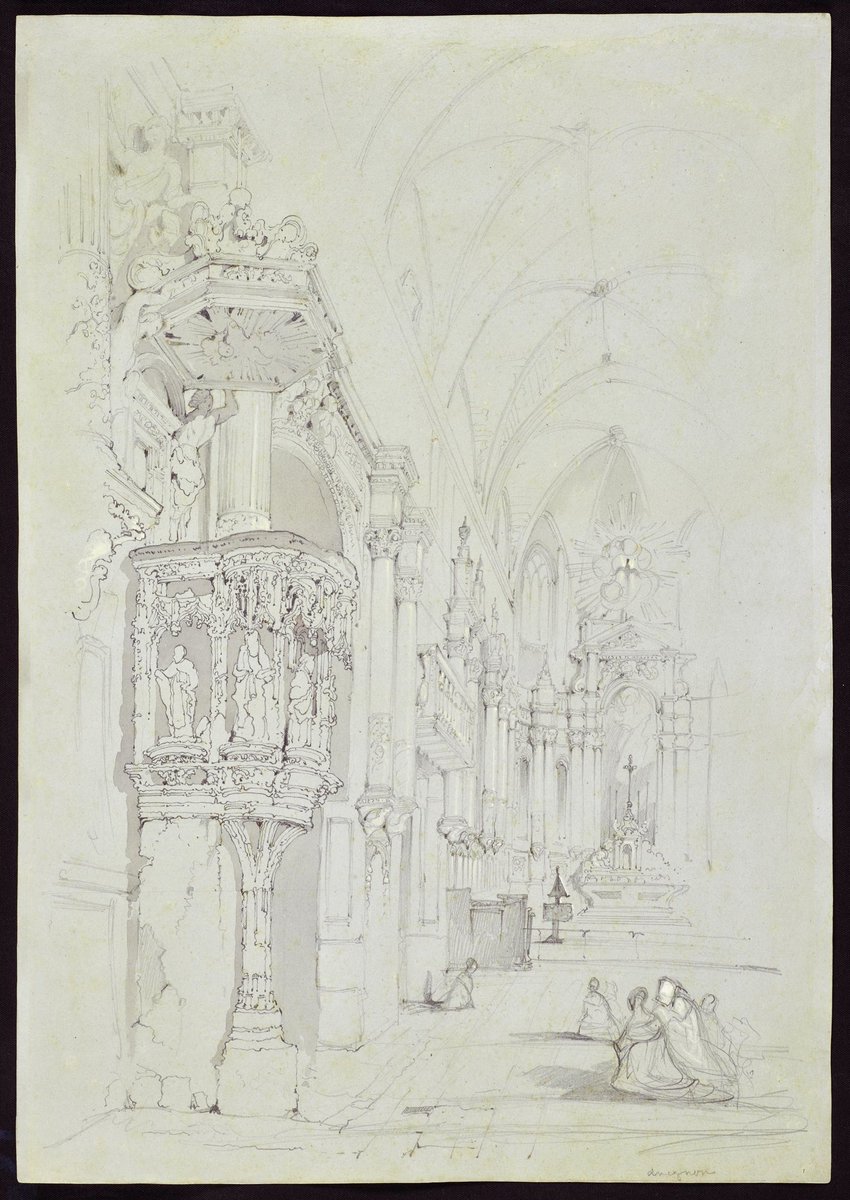Detail of an early drawing by Ruskin of the pulpit of church of St Pierre, Avignon drawn on 19th October 1840 when he was only 21 - see second image for the whole drawing #ruskin #johnruskin #avignon #stpierre #church #churchinterior #britishdrawing #britishart