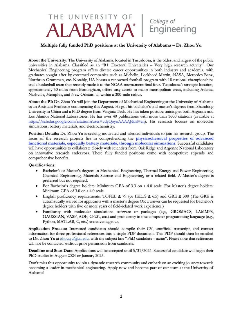 The University of Alabama's Department of Mechanical Engineering is offering fully funded PhD positions to study  #BatteryMaterials &  #MolecularSimulations. ➡️ More info below #PhD #Research #TheUniversityofAlabama #EchoesofInsight